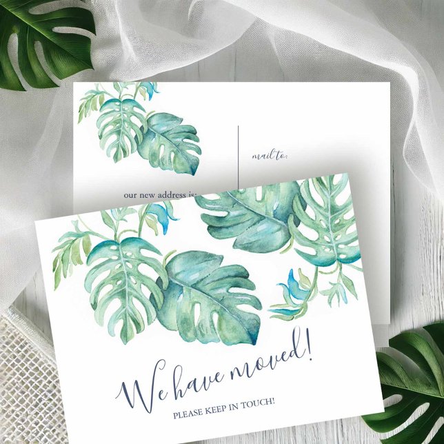 Tropiskt Botaniskt Växtlighet Flyttningsmeddelande Vykort (Palm Beach stationery tropical watercolor palm leaf art by Victoria Grigaliunas Do Tell A Belle)