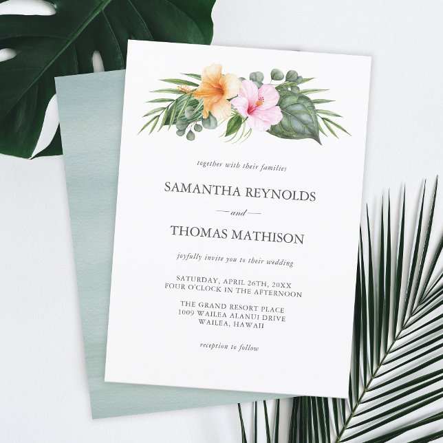 Tropiskt Bröllop i Paradise Watercolor Blommigt Inbjudningar (Plan your wedding in paradise with this watercolor botanical tropical invitation design.)