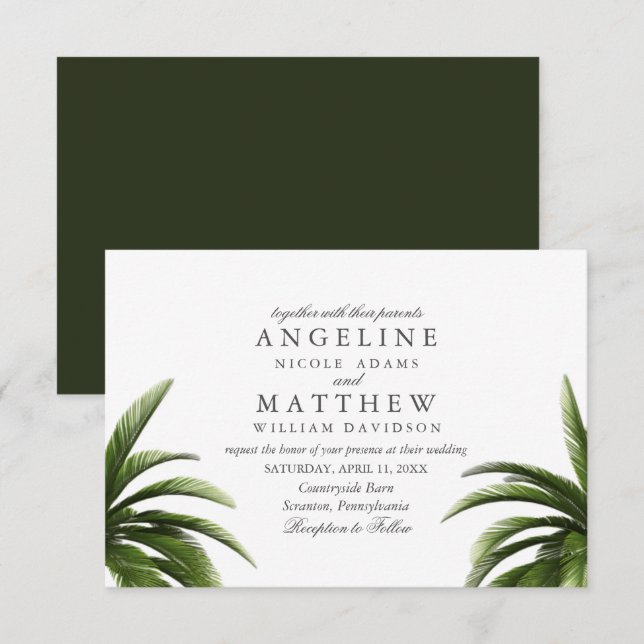 Tropiskt Bröllop-kort för Grönt i Handflatan Inbjudningar (Fram/baksida)
