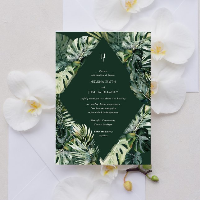 Tropiskt bröllop, Moody botaniskt bröllop Inbjudningar (Tropical wedding invitation modern - Emerald green)