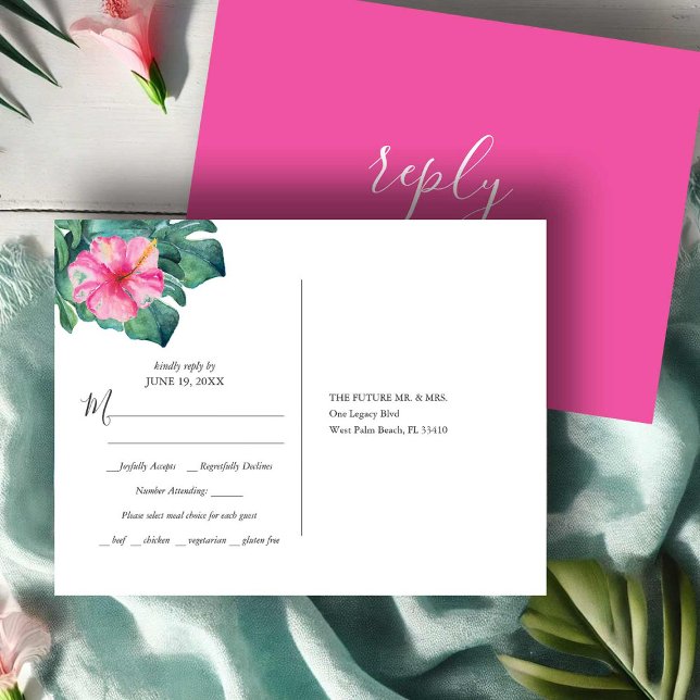 Tropiskt bröllop på destination - måltidsval RSVP Vykort (RSVP postcard vibrant pink tropical hibiscus flowers watercolor Victoria Grigaliunas Do Tell A Belle)