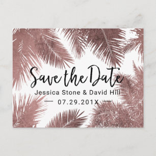 Tropiskt bröllop Rose Gold Palm Tree Spara datum Meddelande Vykort