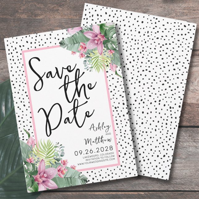 Tropiskt Bröllop Spara Datumet (Colorful Floral Palm Watercolor Tropical Wedding Save The Date)