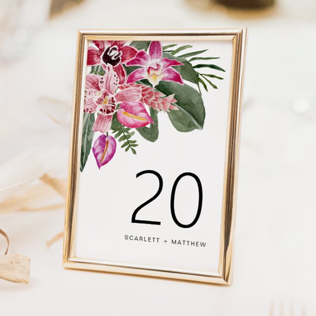 Tropiskt Bröllops Bordnummer (Floral Tropical Wedding Table Number by Painted Paperie
)