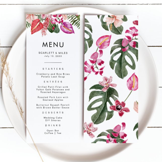 Tropiskt Bröllopsmeny Meny (Tropical Watercolor Floral Wedding Menu by Painted Paperie
)