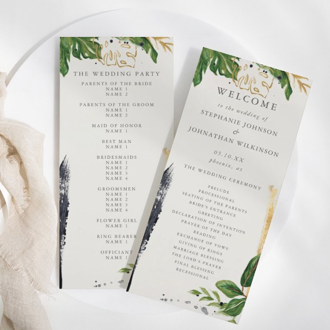 Tropiskt Bröllopsprogram med grönt och Guld Meny (Green & Gold Watercolor Tropical Wedding Program)