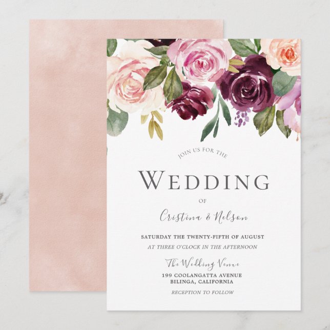 Tropiskt burgundi  Modern Bröllop Inbjudningar (Fram/baksida)