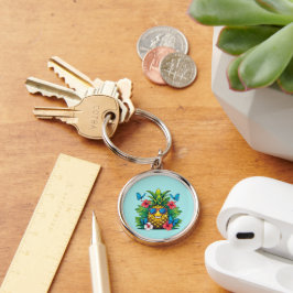 Tropiskt charm för ananas-fjäril rund silverfärgad nyckelring