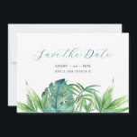Tropiskt Chic Vattenfärg Grey Spara datum Spara Datumet<br><div class="desc">Meddela din förlovning med min tropiska chic bho spara våra datuminbjudningar med Spara datum i ett trendig-skript typografi stil. Det här enkla kortet har en handmålad vattenfärg grönt handflatan och monster löv med namn, bröllop datum och bröllop. Kort som går tillbaka till komplimangen emerald grönt färg. Perfekt för små strandbröllop...</div>