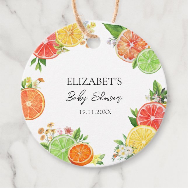 Tropiskt citrusbabyskor för vattenfärg gåvor etiketter (Framsida)