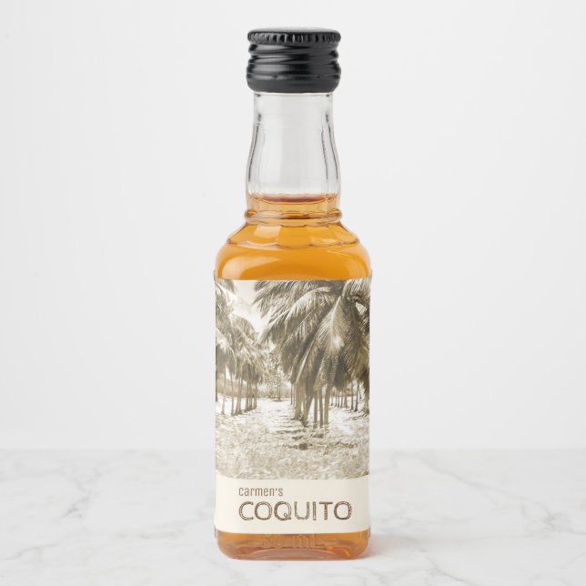 Tropiskt Coconut Handflatan Träd för Coquito Spritflaskor Etikett (Framsida)
