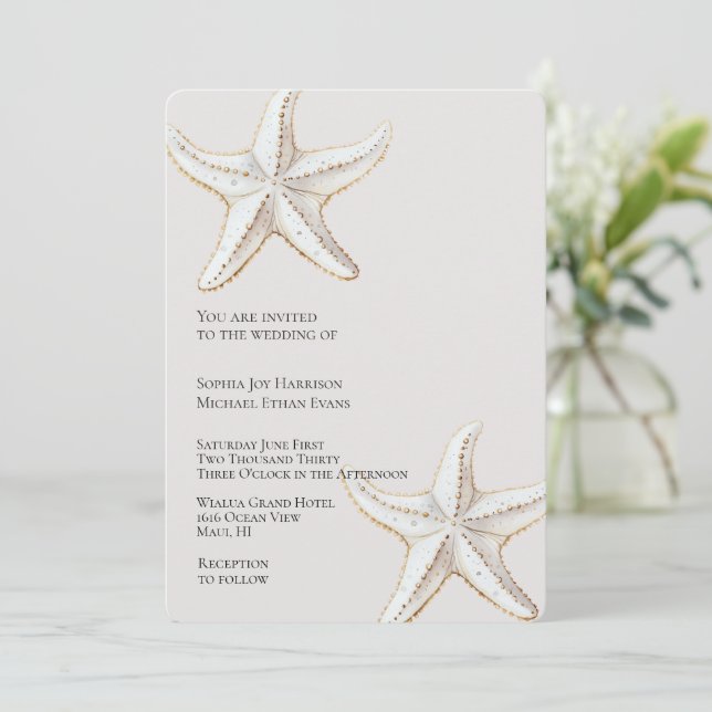 Tropiskt Cream Guld White Starfish Beach Wedding Inbjudningar (Stående Fram)