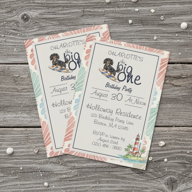 Tropiskt den stora Surfan Dachshund Birthday Inbjudningar (Celebrate your little one’s special day with this Tropical The Big One Surf Dachshund Birthday!)