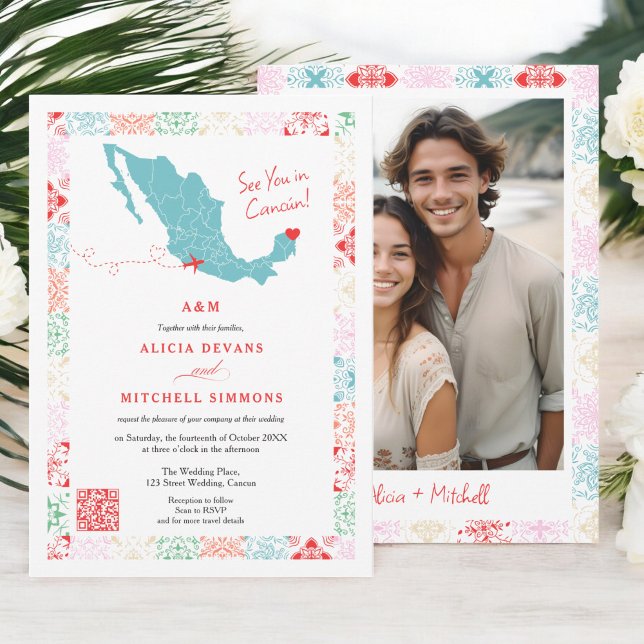 Tropiskt destinationsbröllop för Mexiko karta QR Inbjudningar (Tropical Mexico map QR destination wedding Invitation)
