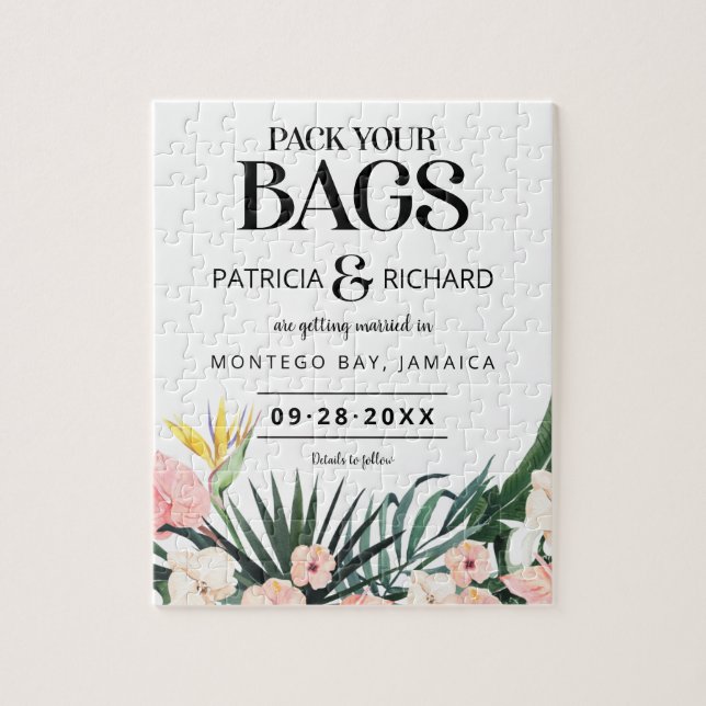 Tropiskt destinationsbröllop Save The Date Pussel (Vertikal)