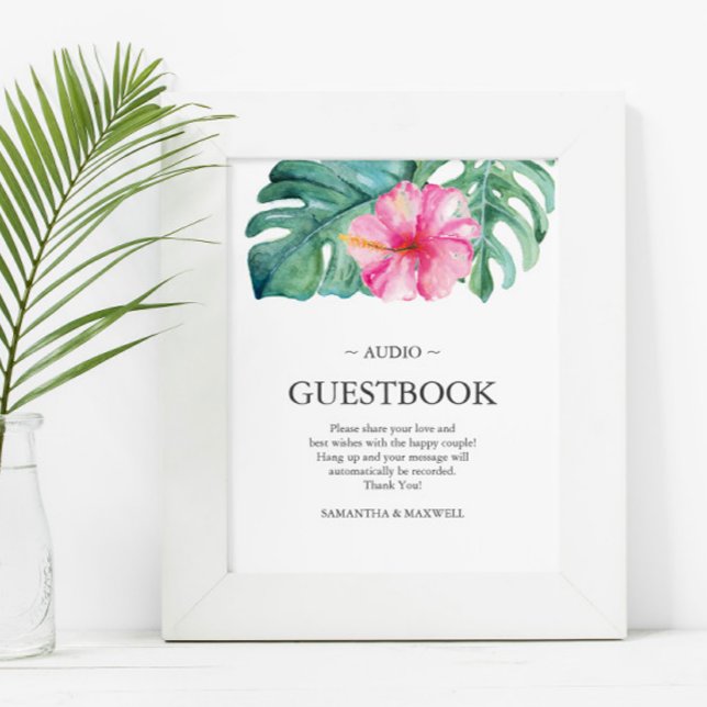 Tropiskt destinationsbröllop telefon gästbok poster (Tropical destination wedding decor feature pink hibiscus flower palm leaf art Victoria Grigaliunas)