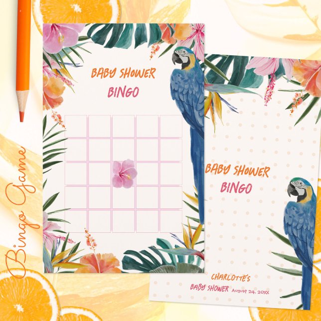 Tropiskt Djungel Papegoja Baby Shower Bingo Spel (Tropical Jungle Parrot Baby Shower Bingo Game ©Susanne Sachers - Sunny Mind 🌞)