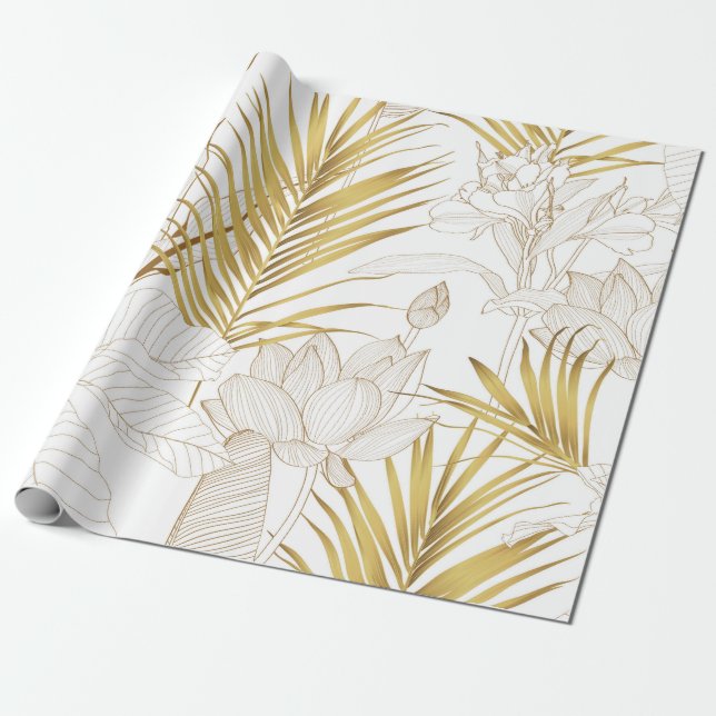 Tropiskt exotiskt blommigt line golden handflatan  presentpapper (Utrullad)