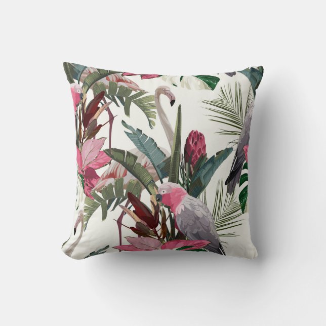 Tropiskt exotiskt mönster med papegoja, flamingo kudde (Framsida)