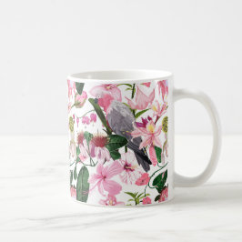 Tropiskt exotiskt mönster med papegoja och blommor kaffemugg