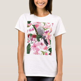 Tropiskt exotiskt mönster med papegoja och blommor t shirt