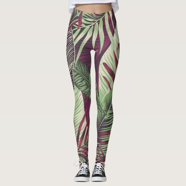 Tropiskt exotiskt: Trendig Grönt utan sömn Leggings (Framsida)