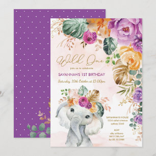 Tropiskt fall Blommigt Elephant 1st Birthday Girl Inbjudningar