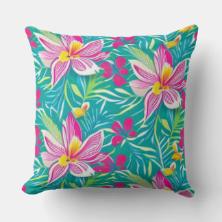 Tropiskt färgade Blommigtar Teal, Rosa, Gult Kudde