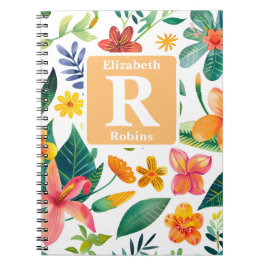 Tropiskt färgstarka blommor personlig monogram anteckningsbok