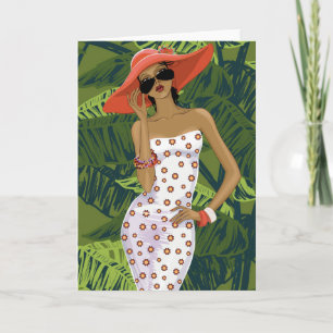 Tropiskt Fashionable Girl i Big Red Hat Kort