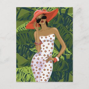 Tropiskt Fashionable Girl i Big Red Hat Vykort