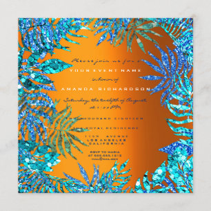 Tropiskt Fernblad Strand Ocean Blå Orange Glitter Inbjudningar