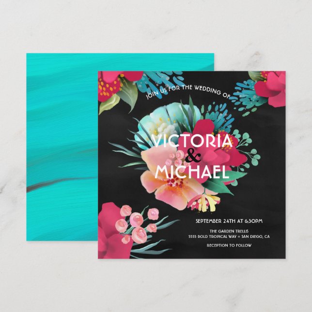 Tropiskt fet och skarp blommigt bröllop inbjudningar (Fram/baksida)