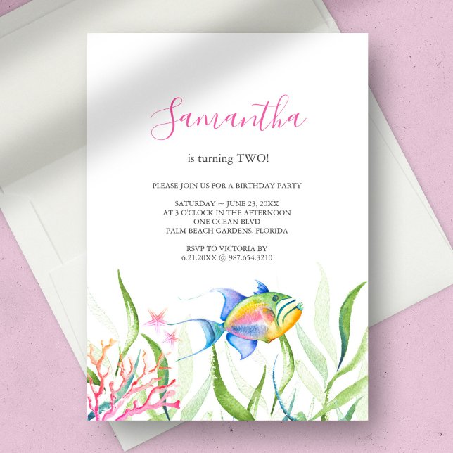Tropiskt Fish Girl Födelsedagsfest Watercolor Inbjudningar (birthday party invitation girl tropical fish watercolor )