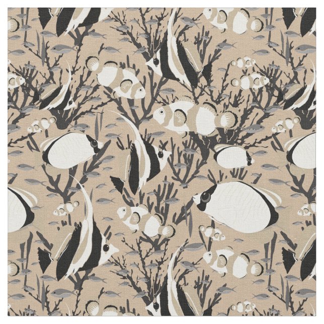 Tropiskt Fiske Mönster på Taupe Tyg (Närbild)