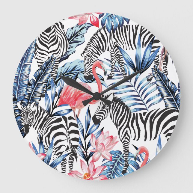 Tropiskt flair: Flamingo Zebra Paradise Stor Klocka (Framsida)
