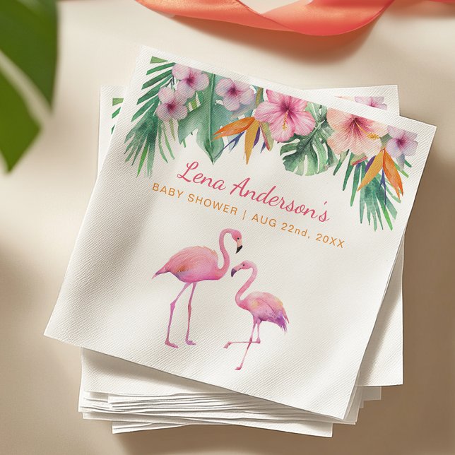 Tropiskt Flamingo Baby Shower Napkin med Namn Pappersservett (Tropical Baby Shower Napkins)