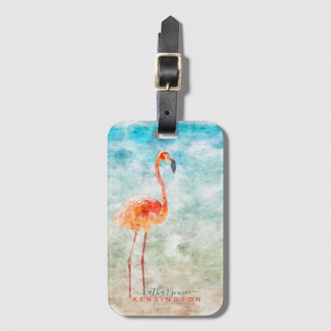Tropiskt Flamingo Beach Watercolor Bagagebricka (Framsida vertikal)