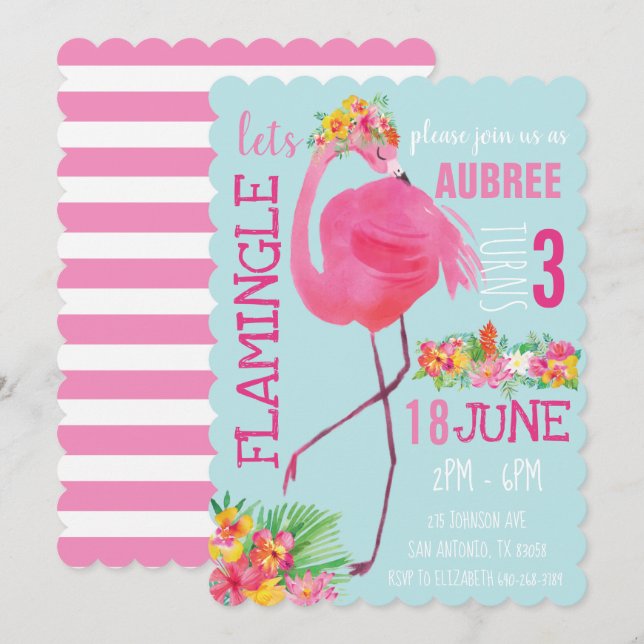 Tropiskt Flamingo Födelsedagsfest inbjudan sommar (Fram/baksida)