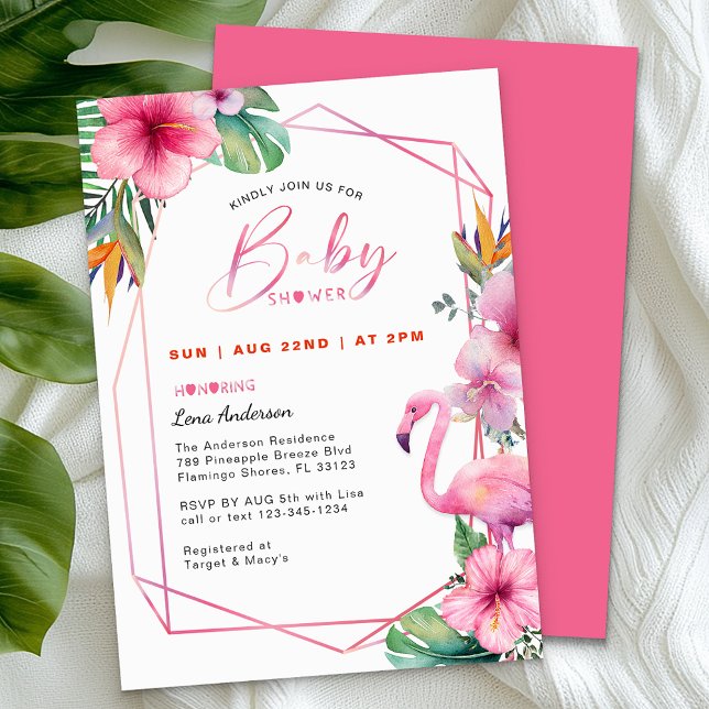 Tropiskt Flamingo Girl Baby Shower Inbjudan (Tropical Baby Shower Invitation)