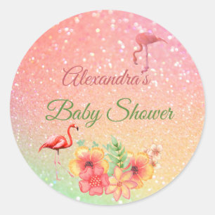Tropiskt Flamingo Glitter Rosa Baby Shower Runt Klistermärke