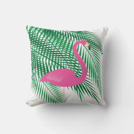 Tropiskt Flamingo & Handflatan Löv på White Kudde