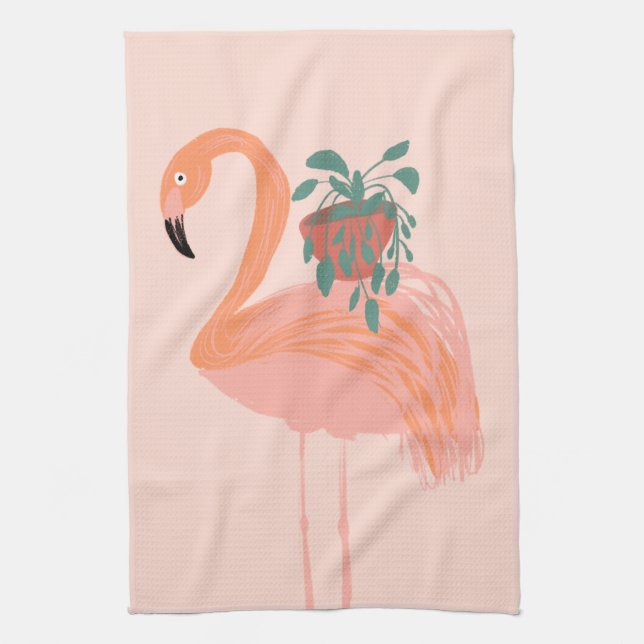 Tropiskt flamingo med fläckig växt Hand plockade Kökshandduk (Vertikal)