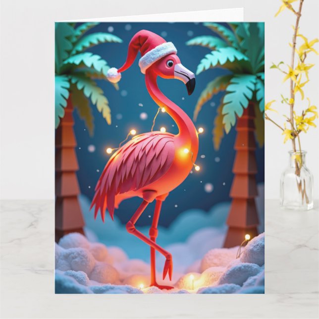 Tropiskt Flamingo med Ljus i Snowy-jul Kort (Gul blomma)