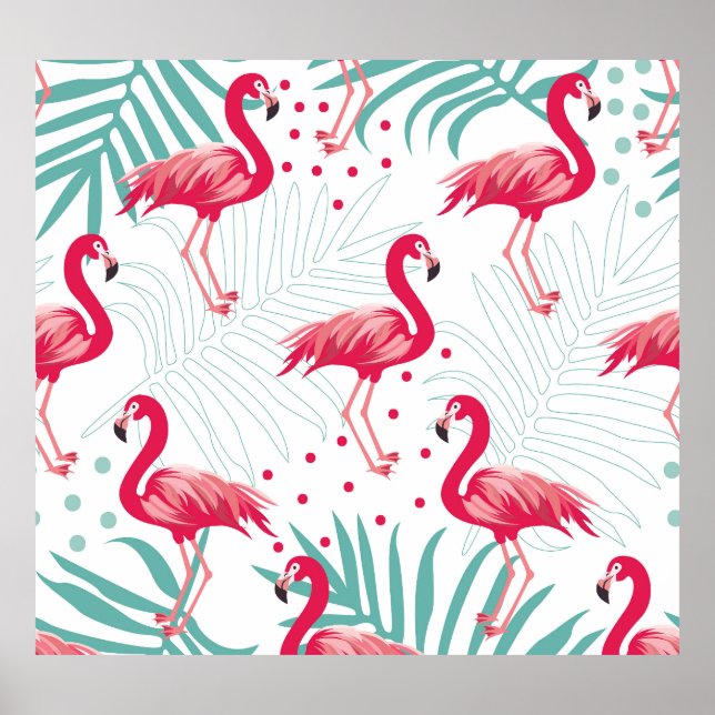 Tropiskt flamingo och löv, sommaren mönster. poster (Framsidan)