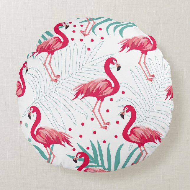 Tropiskt flamingo och löv, sommaren mönster. rund kudde (Framsidan)