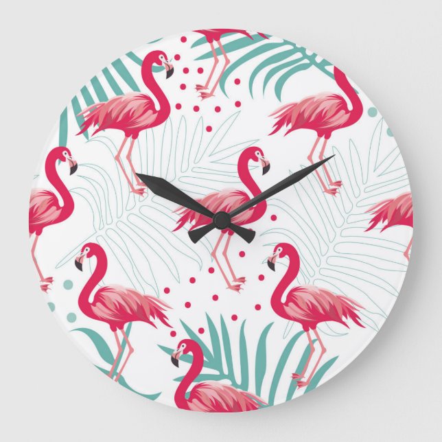 Tropiskt flamingo och löv, sommaren mönster. stor klocka (Framsida)