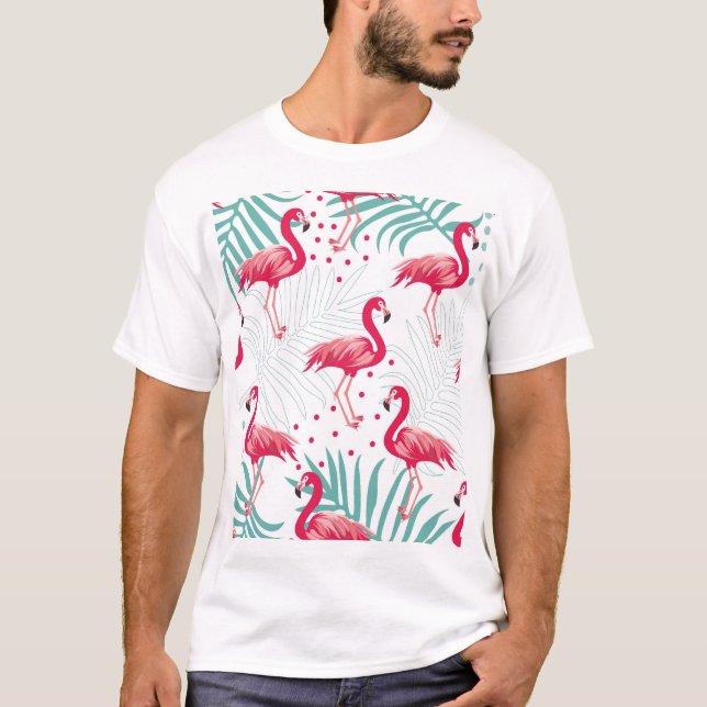 Tropiskt flamingo och löv, sommaren mönster. t shirt (Framsida)