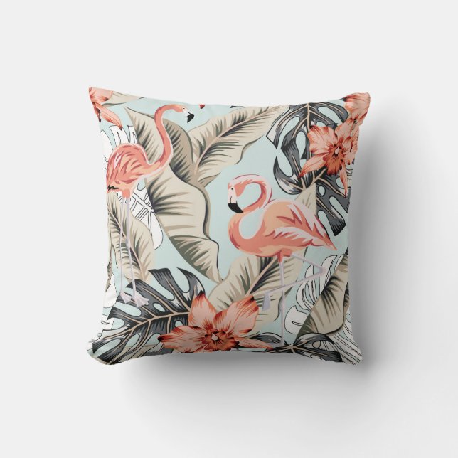 Tropiskt flamingo, orkidé, monstera mönster. kudde (Framsida)