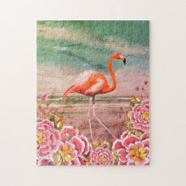 Tropiskt Flamingo på båge med Rosa Flowers Collage Pussel